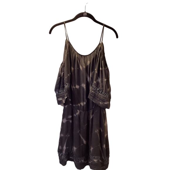 Parker Brown 100% Silk Tie-Dye Blouson Off Shoulder Sleeve Mesh Short Dress L - Picture 2 of 6